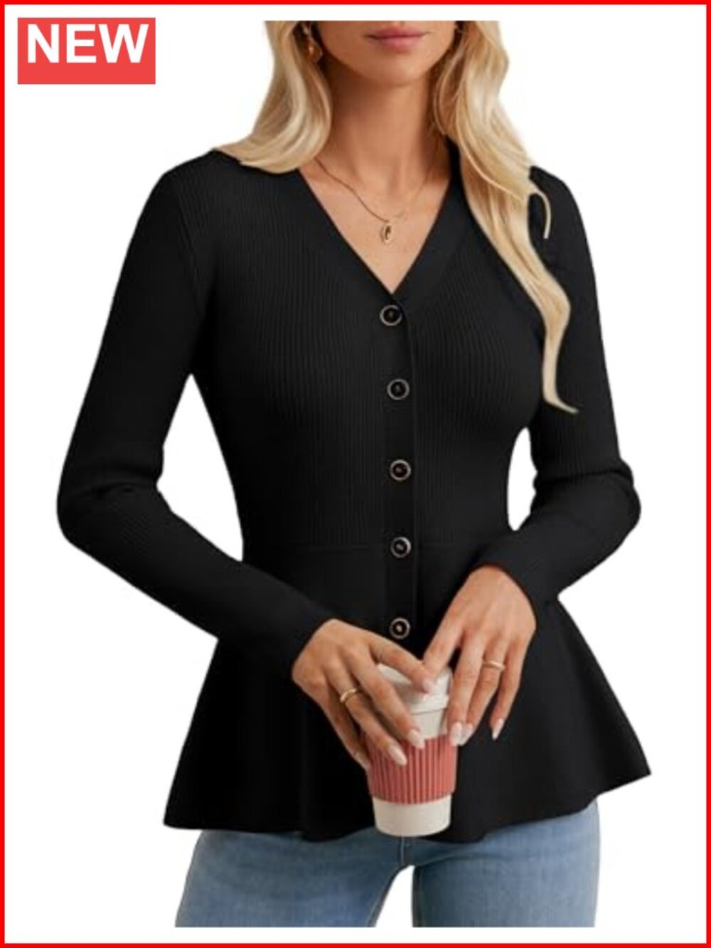Long sleeve V-neck button front peplum cardigan